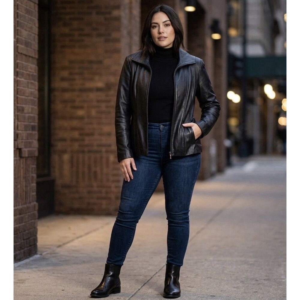 Jones New York Genuine Leather Jacket Women’s Medium Black Lined Full Zip Biker